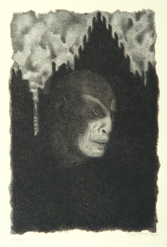 Dark lithograph of a shadowy golem face